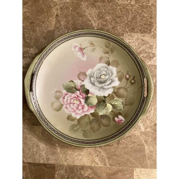 Nippon CORONATION WARE 2 Handle Plate Handpainted Flowers Pink White Japan 9” - Picture 1 of 9